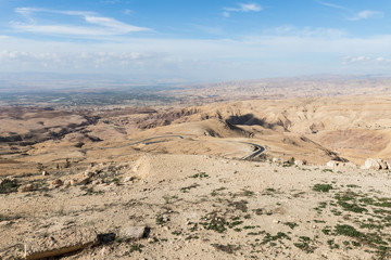 View  from Mount Nebo on the Jordanian landscape near the city of Madaba in Jordan
