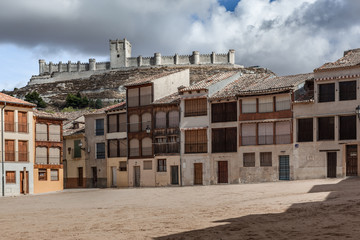 Castle view and main square in Peñafiel, Valladolid. Castilla Leon, Spain.