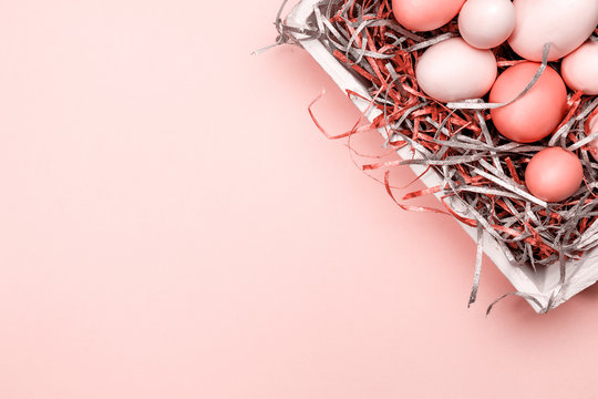 Eggs in a white tray. Creative Easter concept. Modern solid pink background.  . Living coral theme - color of the year 2019