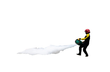 Fireman Training Officer Using a gas tank to teach and show the release of gas on the white background.