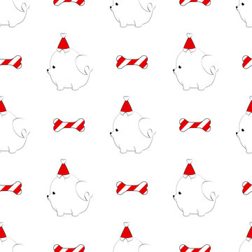 Christmas Pomeranian Dog And Candy Cane Bone Treat Seamless Pattern.