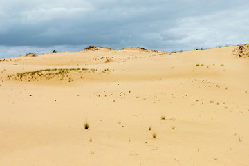 The sandy desert surface and stormy cloudy sky. Forthcoming raining in the waterless land. Rostov-on-don region, Russia