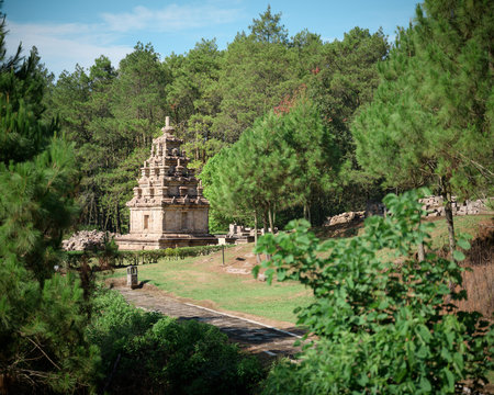 Candi Gedong Songo at sunrise. A 9th-century Buddhist temple complex on a volcano near Semarang, Java, Indonesia.
