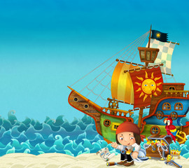 Cartoon scene of beach near the sea or ocean - pirate captain on the shore and treasure chest - pirate ship - illustration for children
