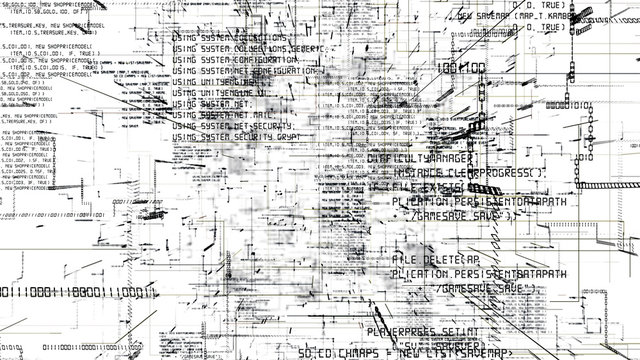 Futuristic abstract programming dark digital code flythrough. Scientific technology data binary network 3D illustration. Connection, blockchain and internet concept. 4K