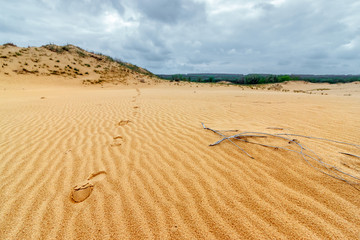 The human footprints on the ripple sandy surface of the desert