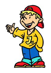 boy with baseball cap standing and showing hand up clipart
