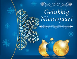 Foto auf Alu-Dibond Dutch greeting card with classic design a shiny snowflake on a bright blue background. Text translation: Happy New Year © CTRLH