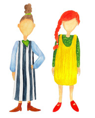 Watercolor fashion woman and girl in bright clothes