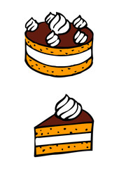 cake with chocolate icing and whipped cream whole and cut clipart