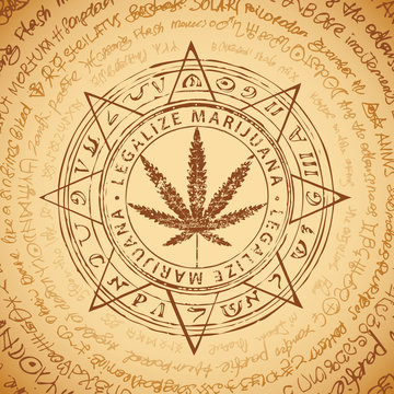 Vector banner for Legalize marijuana with cannabis leaf pattern on abstract background of illegible manuscript or old papyrus. Natural product made from organic hemp. Smoking weed