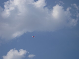 parachute, sky, sun, clouds
