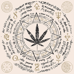 Vector banner for Legalize marijuana with cannabis leaf, magical inscriptions and symbols on abstract background of illegible manuscript. Natural product made from organic hemp. Smoking weed