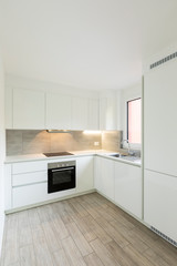Fototapeta na wymiar White kitchen with black oven and sink