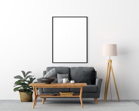Mock Up Poster Frame Living Room Interior Background - 3d Render, 3d Illustration