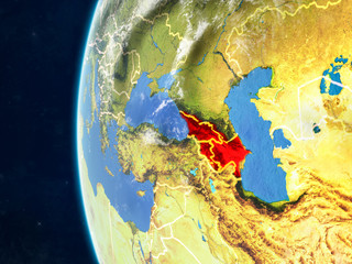 Caucasus region from space on model of planet Earth with country borders and very detailed planet surface and clouds.