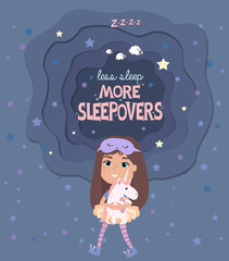 Fototapeta premium Pajama party poster with fun girls and paper cut sky. Invitation for slumber party. Editable vector illustration