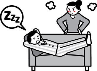 ソファの上で眠るパジャマ姿の男性と怒る女性