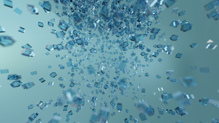 Abstract Clear Cubes falling With Blue  Backdrop, 3d rendering 
