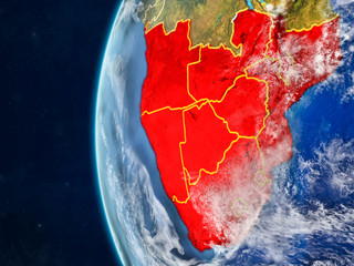 Southern Africa from space on model of planet Earth with country borders and very detailed planet surface and clouds.