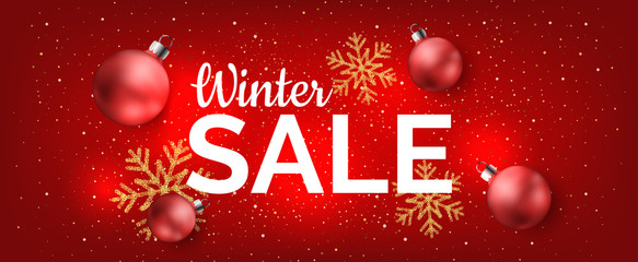 Sale horizontal banner template with red background, gold glitter and red Christmas balls. Vector illustration for December and winter sale, advertisement design