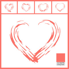 Abstract paint brush pattern of heart in collection of five in Living Coral color.
