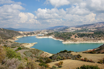Beautiful top view from main viewpoint at Armonou dam water reservoir in Paphos forest