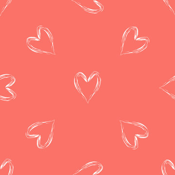 Abstract seamless vector background with hearts in Living Coral color.