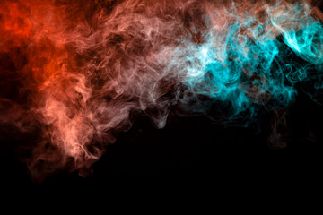 Translucent smoke rising to the top, illuminated by light on a dark background, multi-colored: blue, gray and red, evaporating in waves exhaled from the wape.