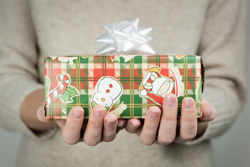 Giving a Christmas gift concept. Female hands hold a box wrapped in beautiful packing paper.