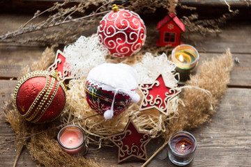 Christmas decorations on wooden background