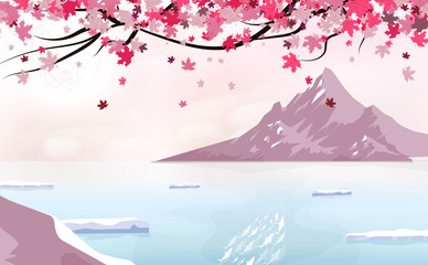 Sakura falling scatter with full moon, landscape with ice mountain, season change japanese background traveling poster concept, vector illustration