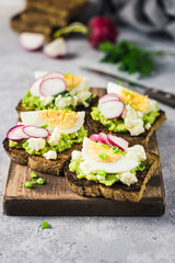 Avocado radish eggs bruschetta on cutting board. Selective fcous, space for text.