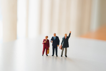 Miniature people, business team standing on white background using as business concept