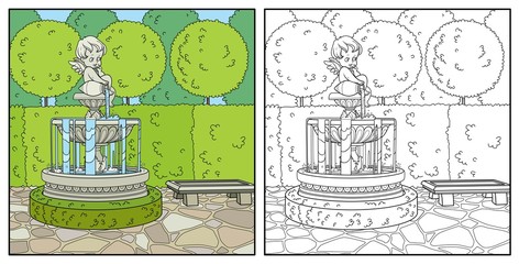 Palace Park with Cupid fountain color and outlined for coloring
