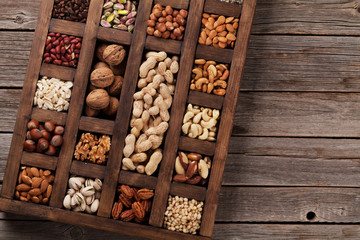 Various nuts in wooden box
