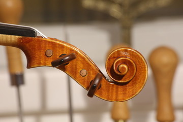 Fototapeta na wymiar Violin scroll, head details with pegs. Selective focus, blurred background.