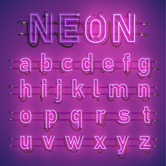 Realistic neon font with wires and console, vector illustration