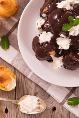 Chocolate profiteroles.
