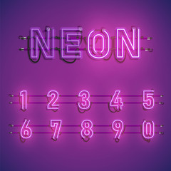 Realistic neon font with wires and console, vector illustration