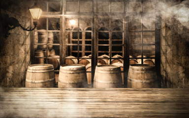 Table background and barrel with smoke 