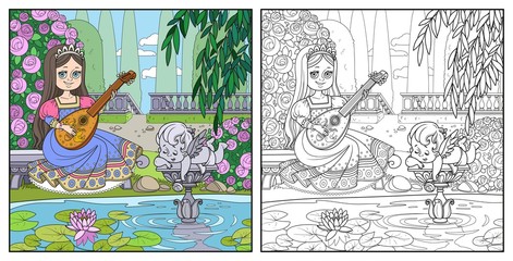 Beautiful princess plays the lute in the palace park near the pond with a sculpture of Cupid color and outlined picture for coloring book on white background