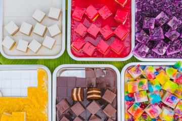 Colorful of Thai Jelly on aluminum tray for sale in street food.