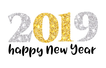 2019 New Year. Golden and silver with bright sparkles