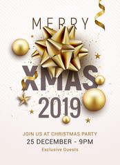 Fototapeta na wymiar Christmas party poster template 2019. Christmas gold silver balls and golden bow flyer greeting decoration invitation banner