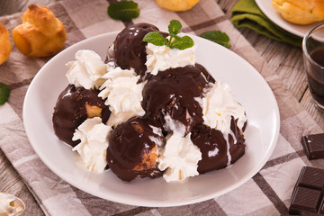 Chocolate profiteroles.