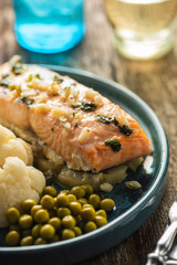 Solomon fillet with pineapple and cauliflower. Fish with vegetables.