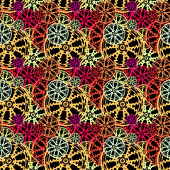 Seamless background pattern with a variety of colored floral motifs.