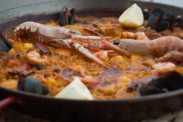 Close-up of the Paella with seadfood