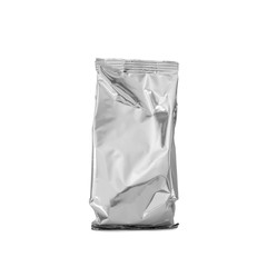 blank foil Aluminium bag for baby milk powder, tea or coffee isolated on white background with...